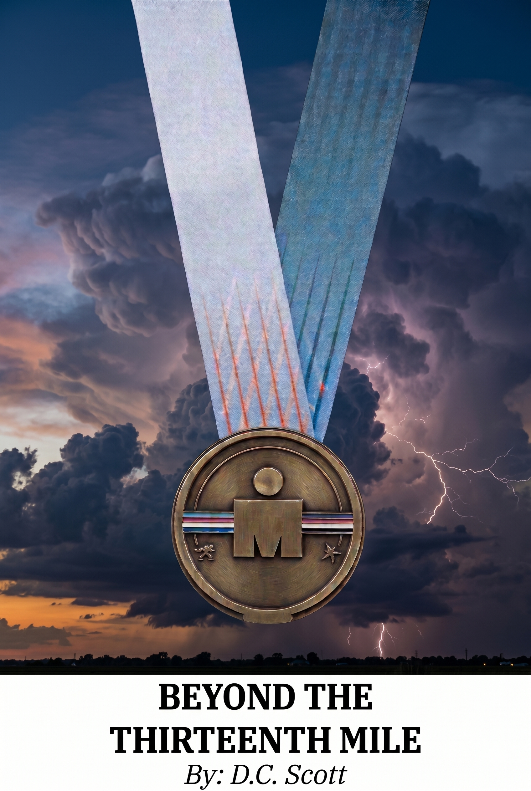 Beyond the Thirteenth Mile book cover with an Ironman-style medal against storm clouds